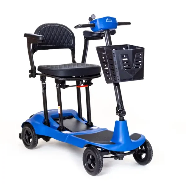 front angle view of a blue Genie Ultralight mobility scooter