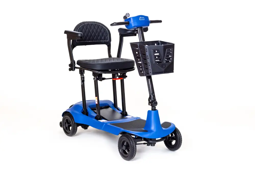 front angle view of a blue Genie Ultralight mobility scooter
